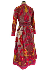 1960s Malcolm Starr Bright Cherry Pink Floral Batik Print Dress w Hand Beaded Belt