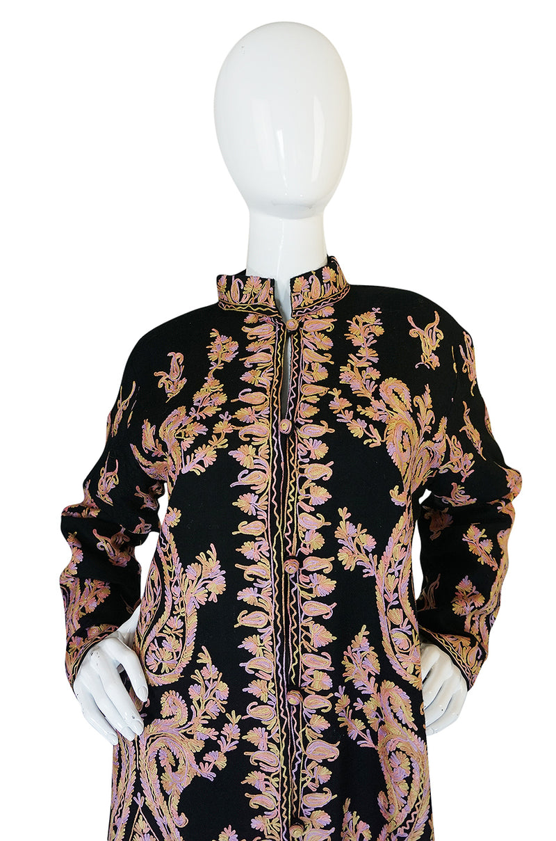 1960s Pastel Crewel Embroidered Detailing Black Jacket
