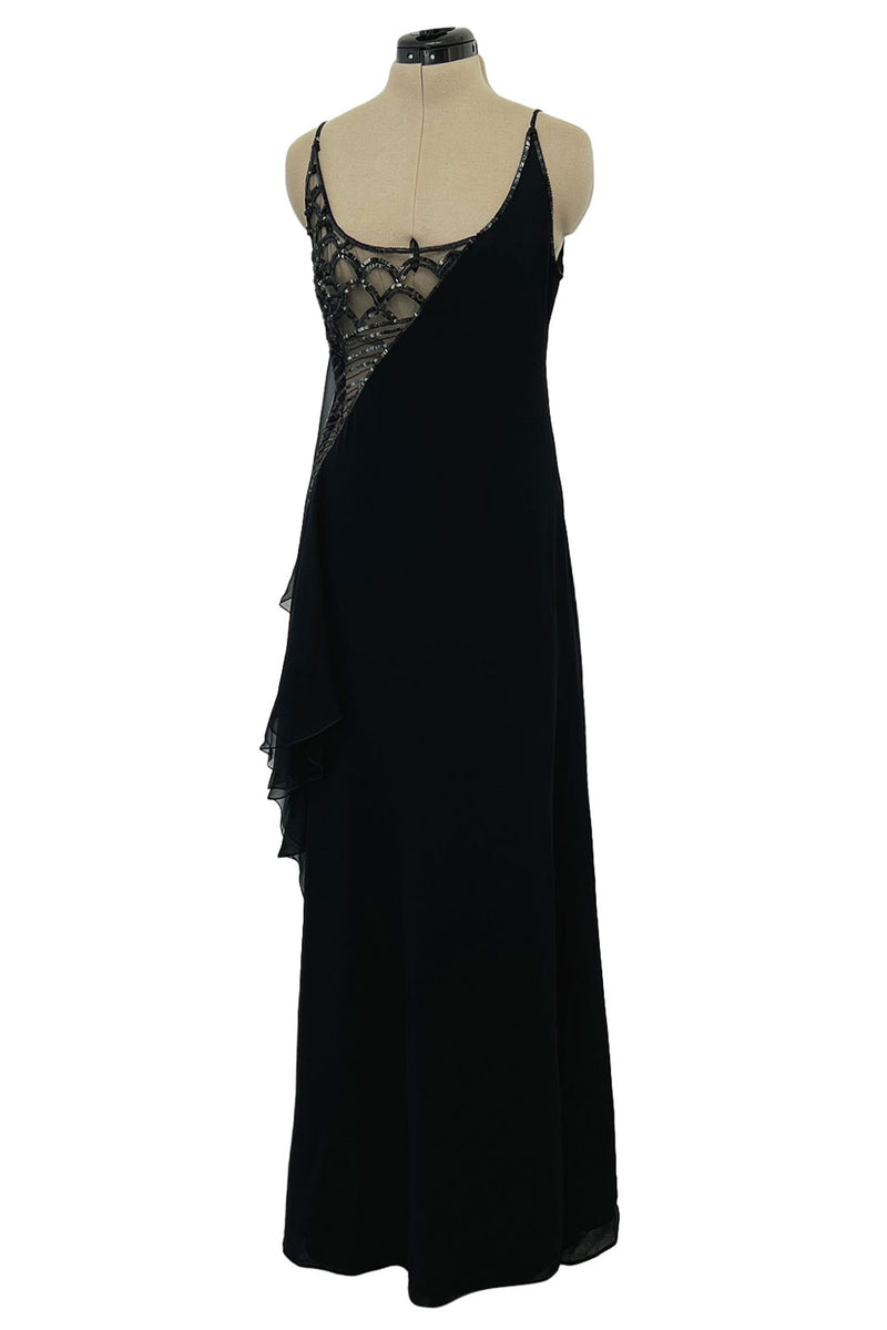 Spring 2000 Valentino Black Silk Dress w Shocking Sequin & Net Side Panel