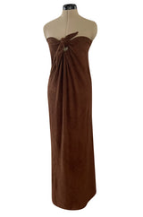 Unusual 1976 Halston Deep Brown Strapless Tie Front Dress in a Soft Terry Cloth
