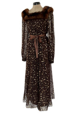 1970s Givenchy by Hubert de Givenchy Haute Couture Gold Metallic Dot on Silk Chiffon Dress w Mink Trim