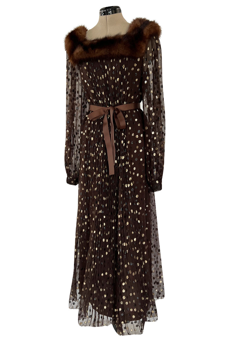 1970s Givenchy by Hubert de Givenchy Haute Couture Gold Metallic Dot on Silk Chiffon Dress w Mink Trim