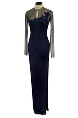 Incredible Early 2000s John Anthony Couture Blue Silk Jersey Dress w See Through Lace  Side & Bodice