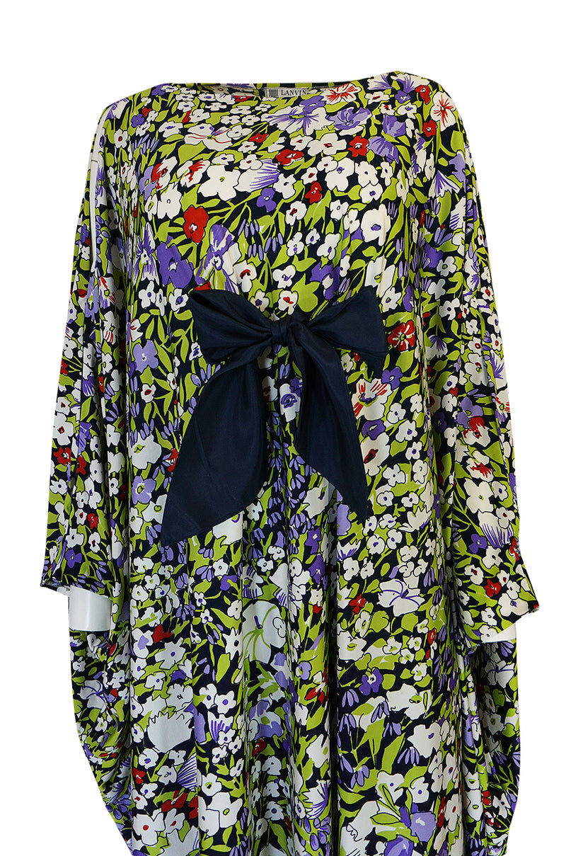 1970s Lanvin Floral Printed Fluid Jersey Ribbon Front Caftan Dress