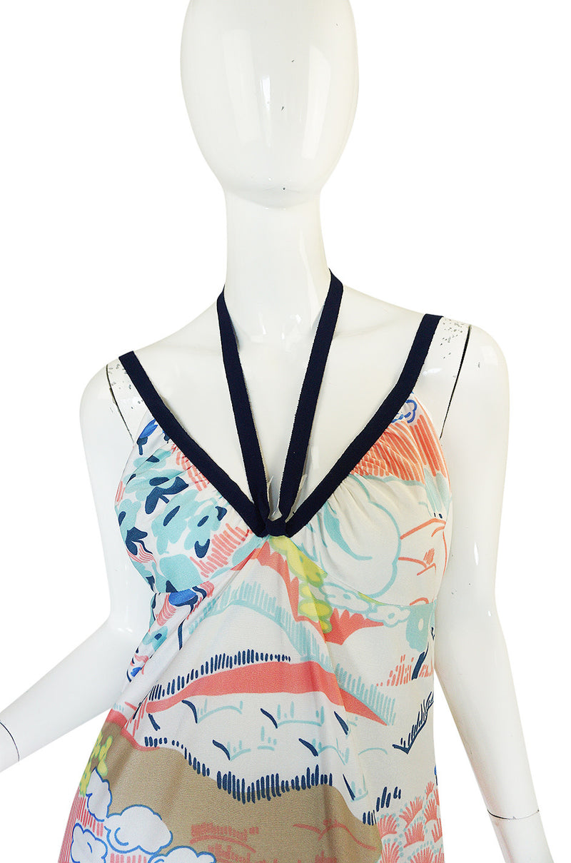 1970s Lanvin Pastel Scenic Printed Jersey Maxi Dress