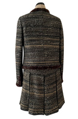 Stunning Fall 2005 Chanel Metallic Silk Mohair Fur Trimmed Tweed Jacket & Pleated Skirt Suit