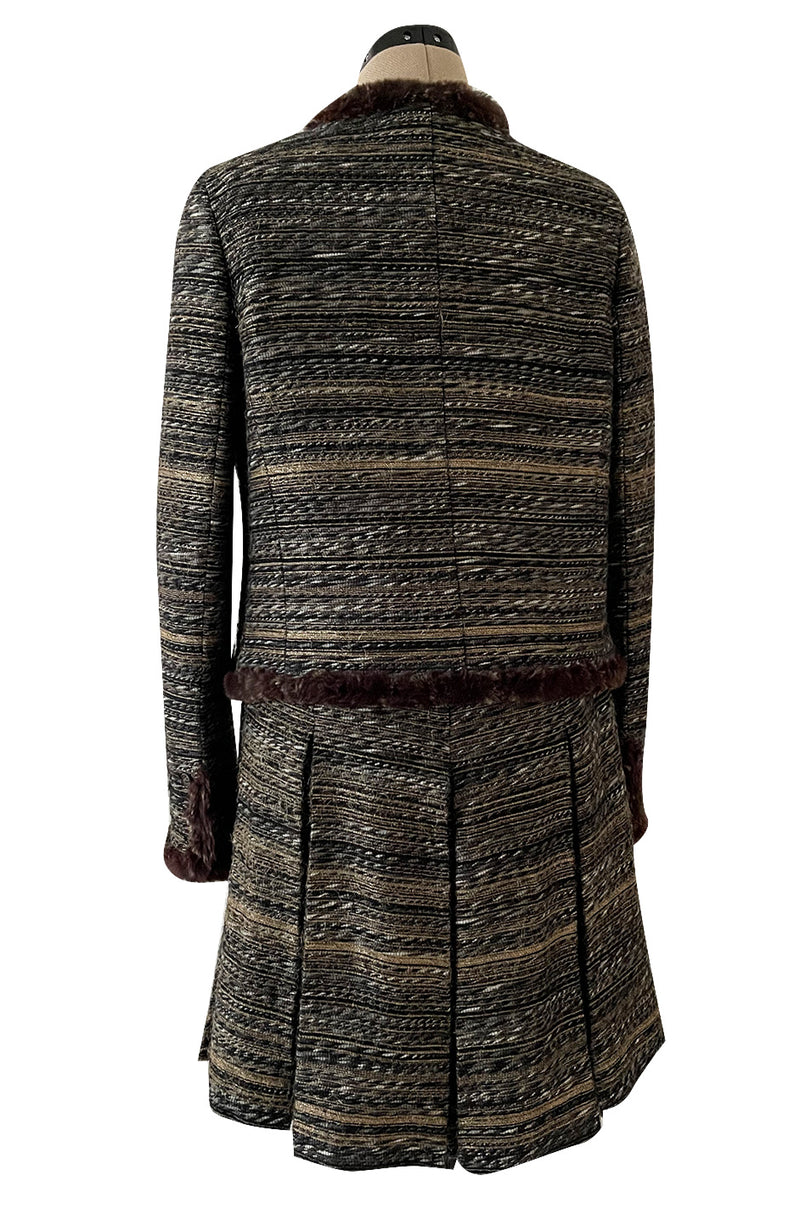 Stunning Fall 2005 Chanel Metallic Silk Mohair Fur Trimmed Tweed Jacket & Pleated Skirt Suit