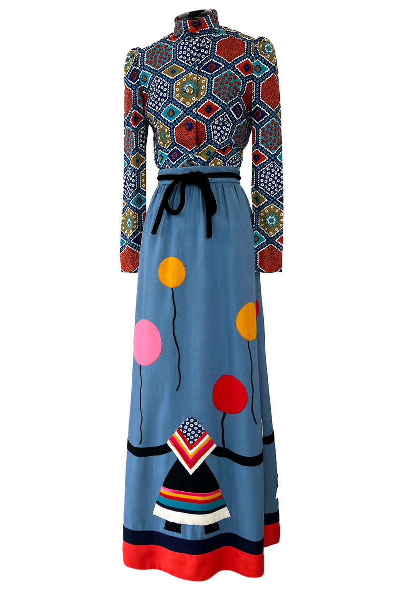 Rare Early 1970s Malcolm Starr by Youssef Rizkallah Felt Folk Art Dress w Quilted Top