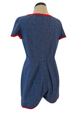 Cutest 1970s Oscar De La Renta Denim Look Cotton Playsuit w Red Braid Trim