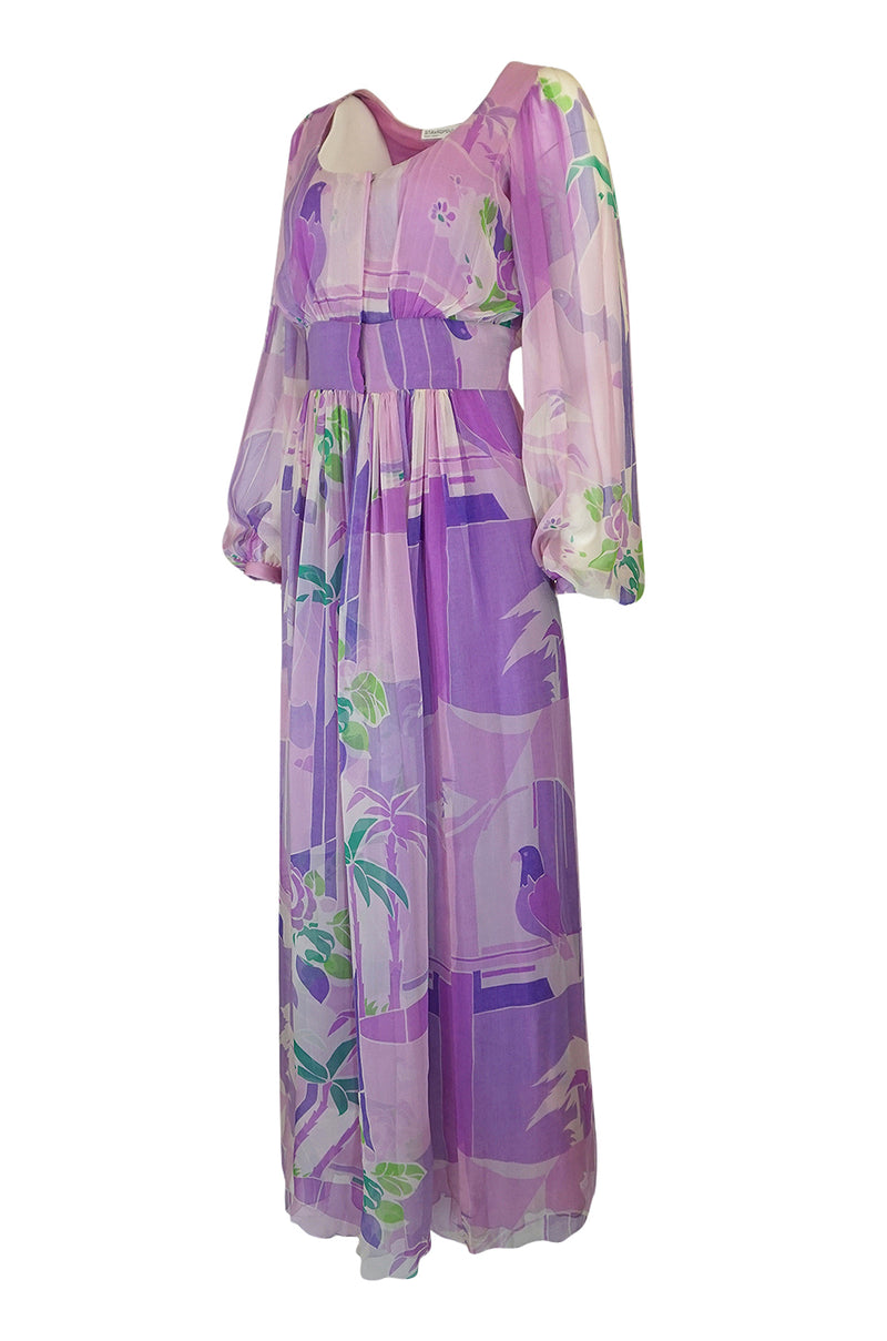 1970s George Stavropoulos Couture Floral Print Purple Silk Chiffon Maxi Dress
