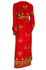 1960s Dollyrockers Bright Floral Printed Red Cotton Caftan Dress