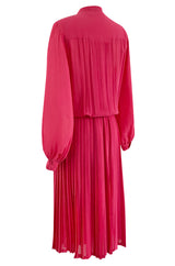 1970s Louis Feraud Haute Couture Hand Pleated Pink Silk Chiffon Day Dress w Bow