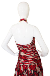 1980s Gathered Silk Chiffon Red Print Dress