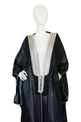 1970s Black Caftan w Silver Thread Embroidered Trim & Edging