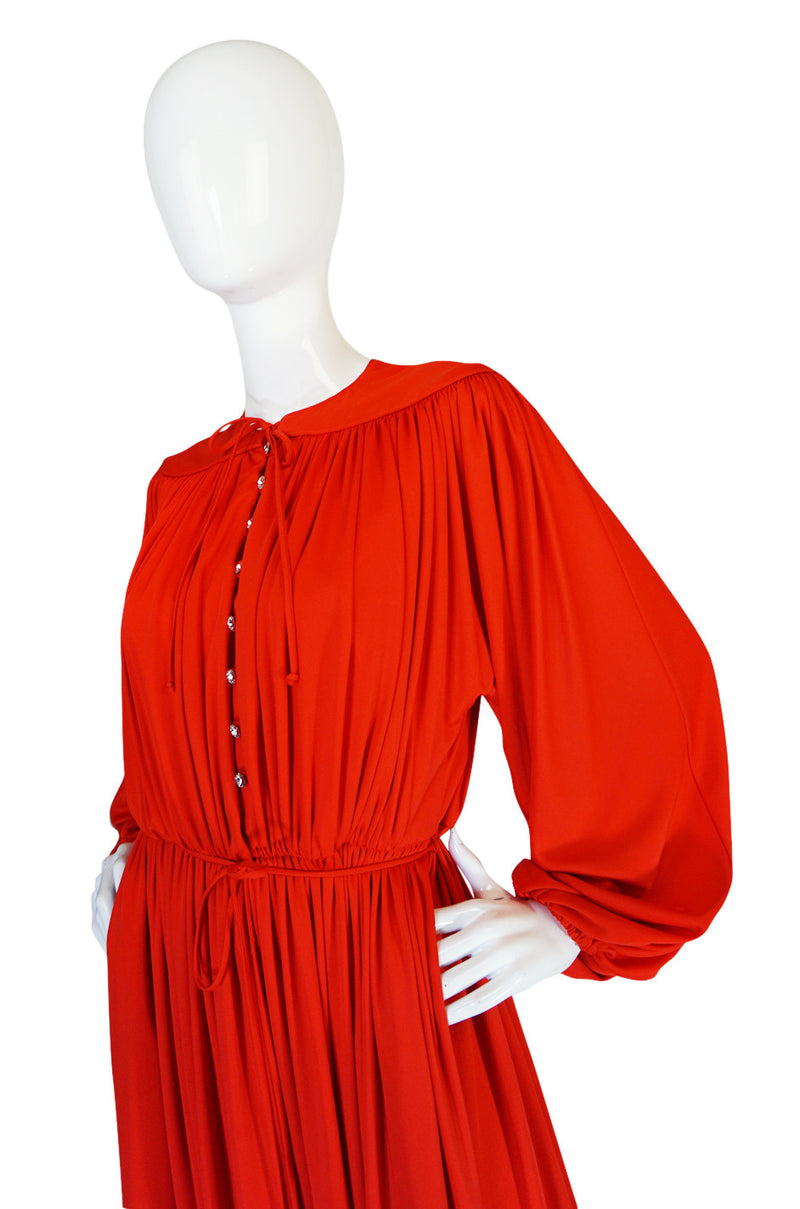 1970s Donald Brooks Red Jersey Crystal Button Dress