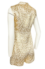 1970s Lanvin Metallic Gold Lame & Ivory One Piece Playsuit Jumpsuit
