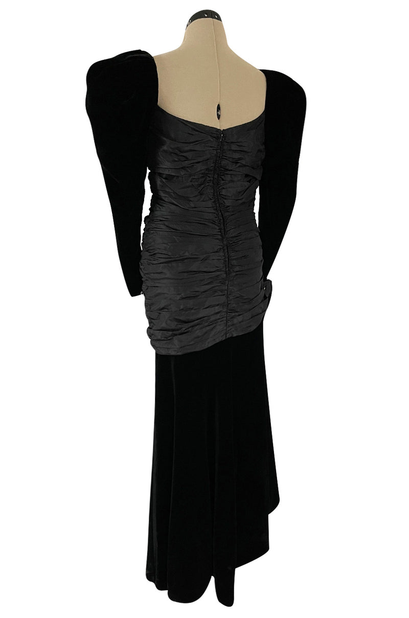 Dramatic 1980s Nina Ricci Black Velvet & Silk Taffeta Dress w Fabulous Sleeves & Slit Skirt
