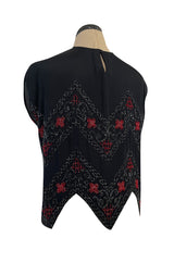 1920s Unlabeled Black Silk Crepe Jagged Hem Top w Hand Beading in Red & Black