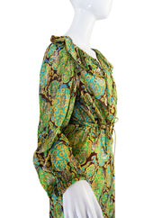 1970s Green & Gold Metallic Silk Adele Simpson Dress
