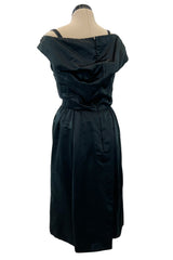 Gorgeous 1950s Harvey Berin Black Silk Cocktail Dress w Asymmetrical Neckline