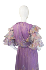 1980s Ruffle Sleeve Floral & Gold Hanae Mori Dress