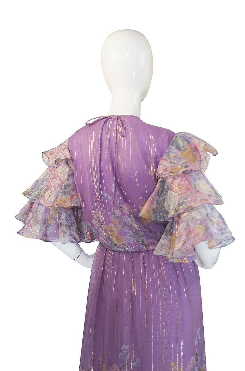 1980s Ruffle Sleeve Floral & Gold Hanae Mori Dress