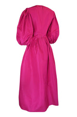 1980s Pauline Trigere Balloon Sleeve Pink Silk Taffeta Dress