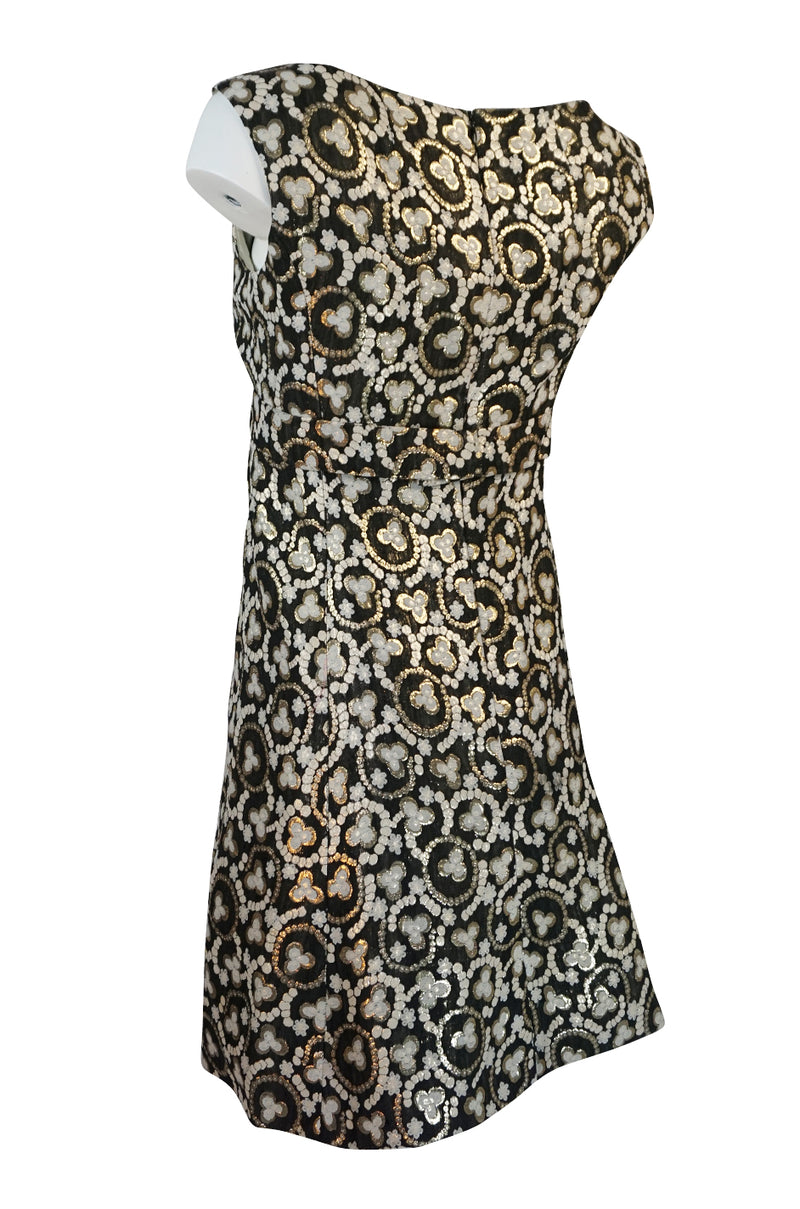 1960s Unlabelled Metallic Gold Thread Print Mod Shift Dress