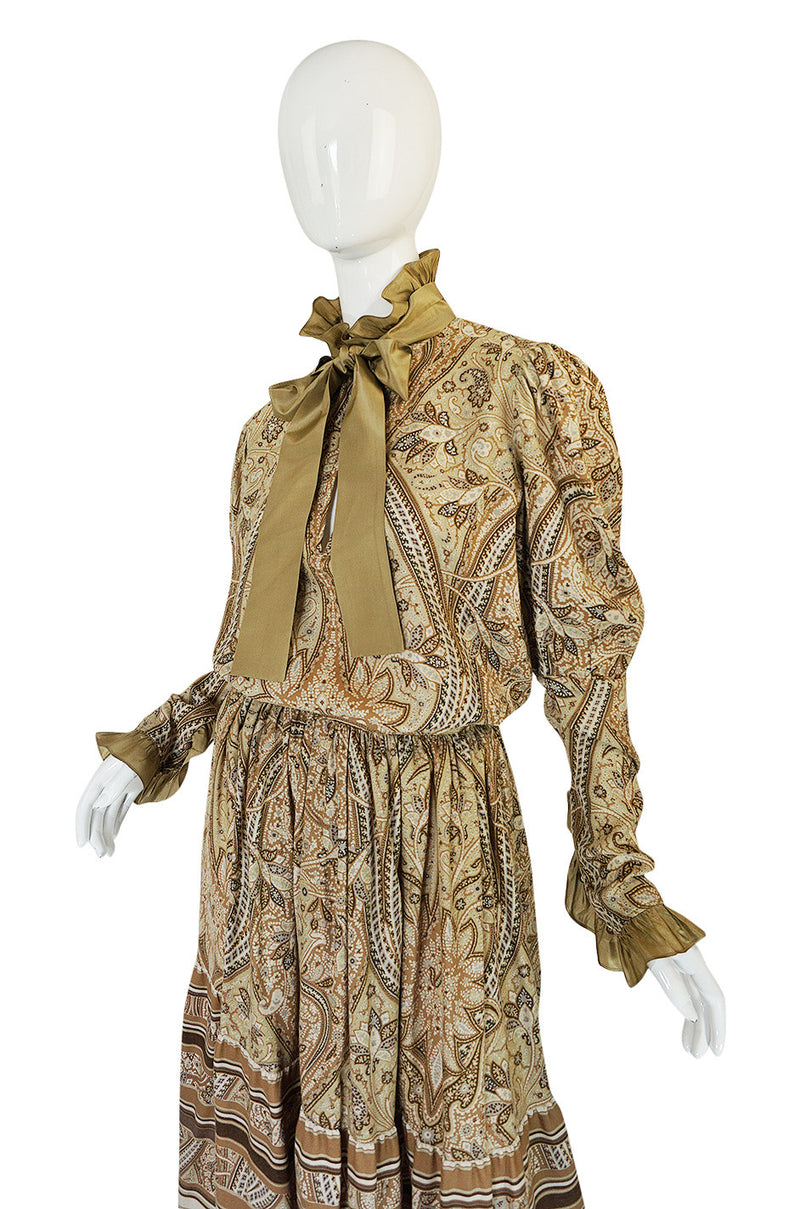 1970s Print Yves Saint Laurent Silk Trim Skirt & Top Set