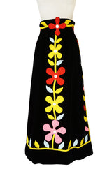 1970s Malcolm Starr Bright Flower Felt Applique on Velvet Skirt