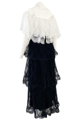 Prettiest 1970s Alfred Bosand Black & White Lace Tiered Off Shoulder Full Length Dress
