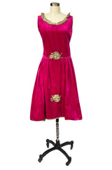 1920s Deep Fuchsia Pink Velvet Dress w Gold Lame Flowers & Trim