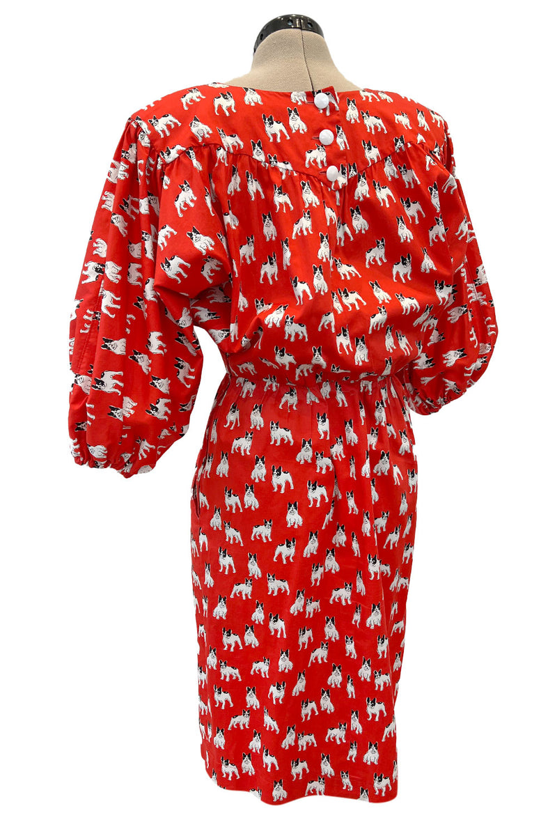 Iconic Spring 1987 Yves Saint Laurent Runway French Bulldog Printed Red Dress