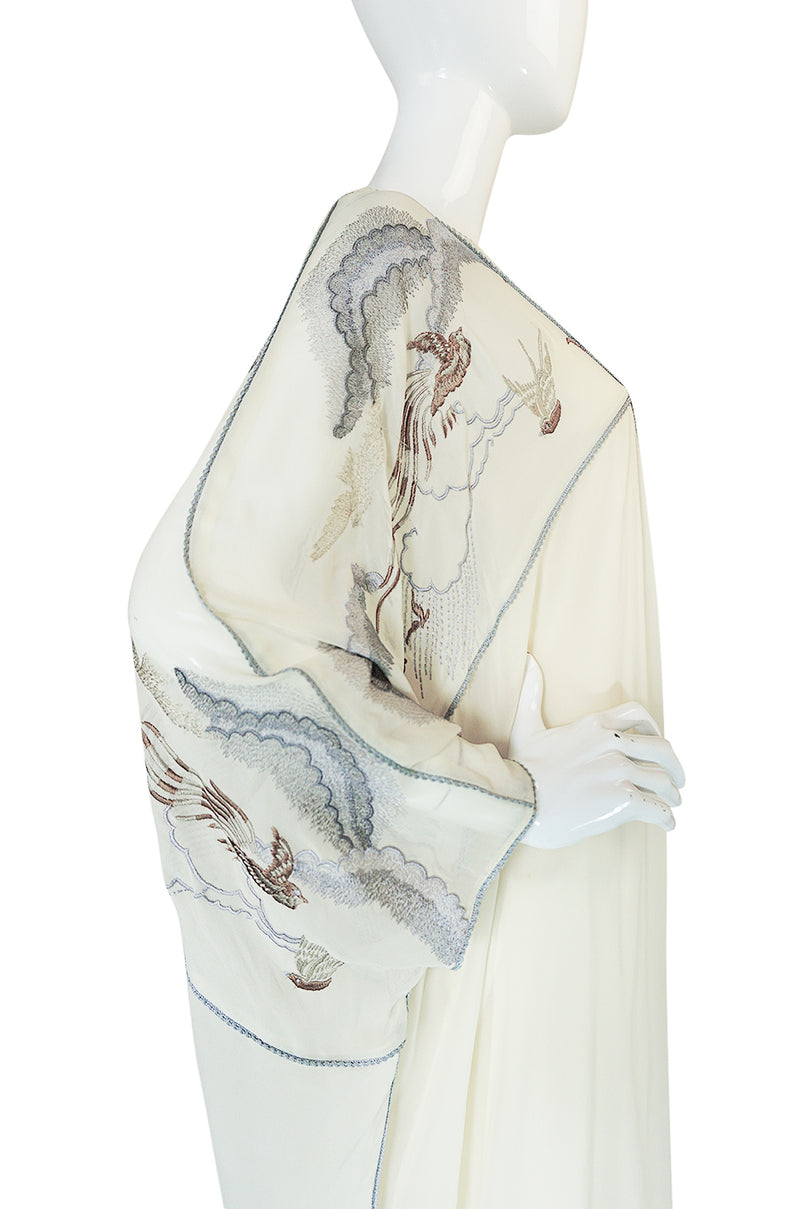 1970s Janice Wainwright Cream Embroidered Caftan Dress