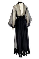 1960s Werle Black Organza & Embroidered Lace Transparent Back Dress