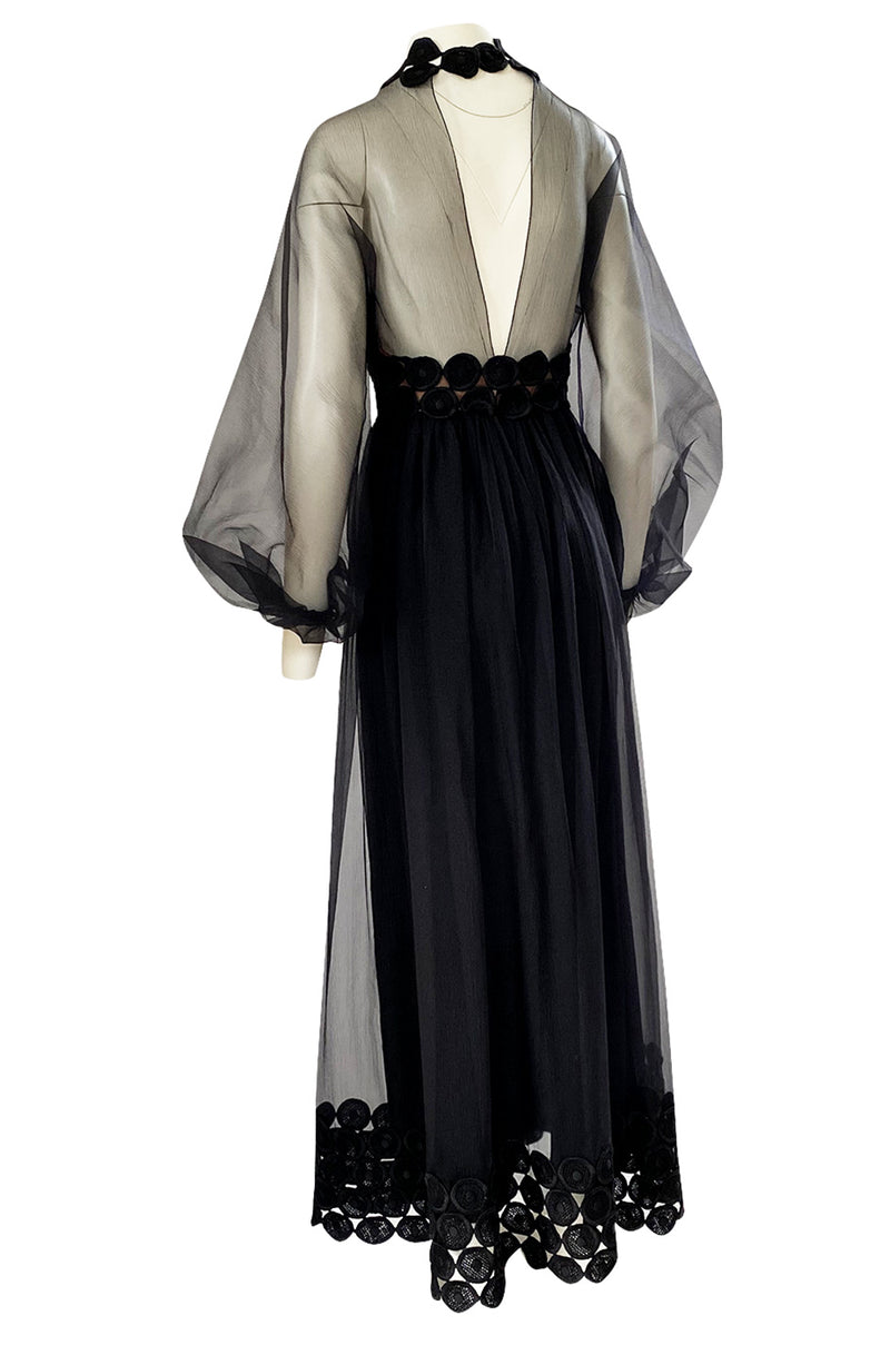 1960s Werle Black Organza & Embroidered Lace Transparent Back Dress