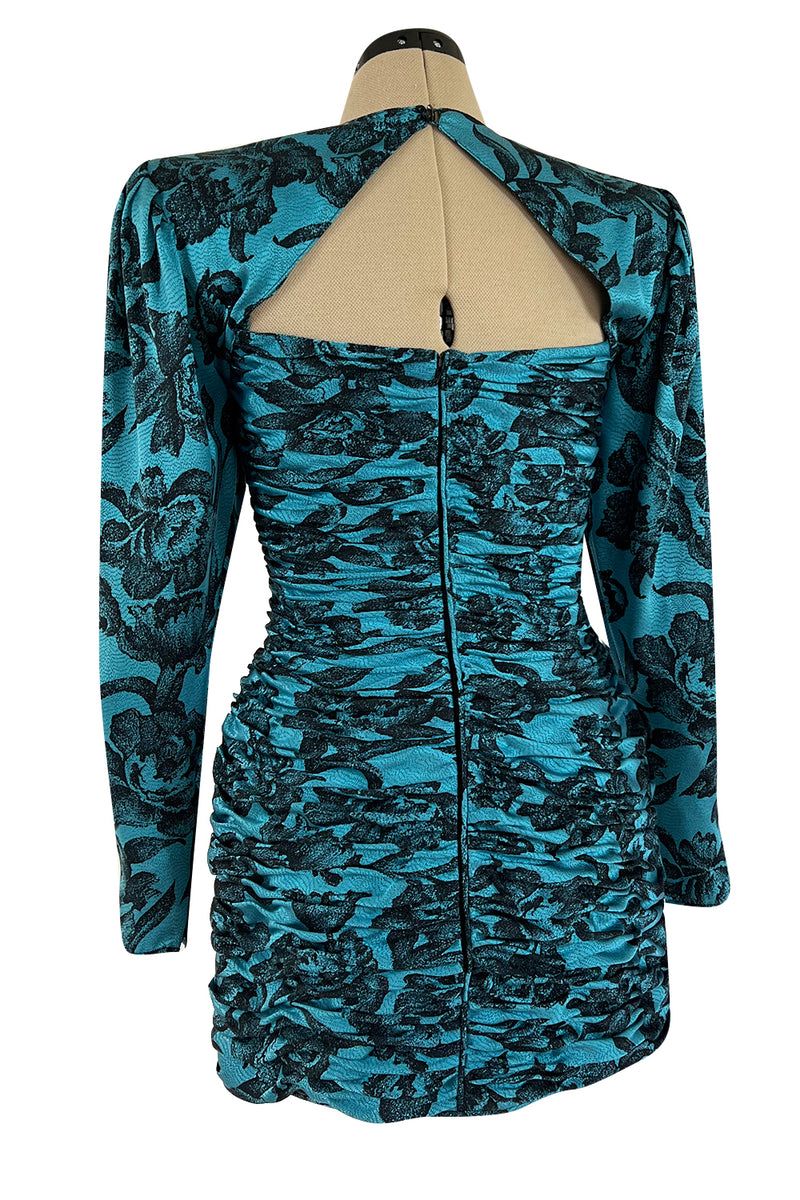 Late 1980s Emanuel Ungaro Teal Blue Printed Silk Mini Dress w Strong Shoulders