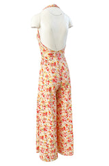 1970s Diane Von Furstenberg Backless Floral Jumpsuit w Extra Wide Legs