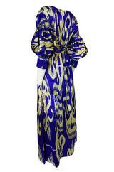 Recent Zazi Vintage Silk Ikat "Madhu" Bliue & Gold Caftan Dress