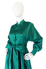 1960s Teal Traina Emerald Green Embroidered Silk Dress