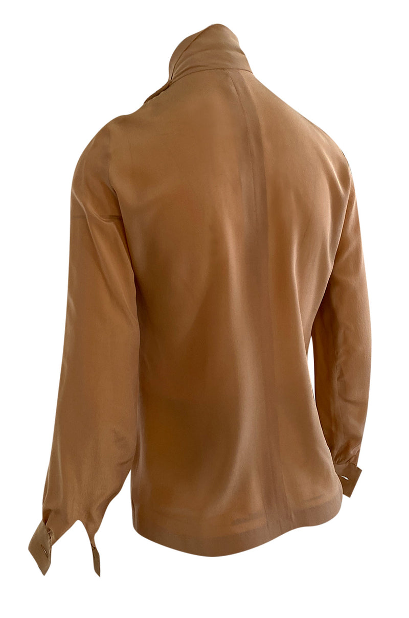 1970s Chanel True Haute Couture Pleated Front Silk Top w Bow & French Cuffs