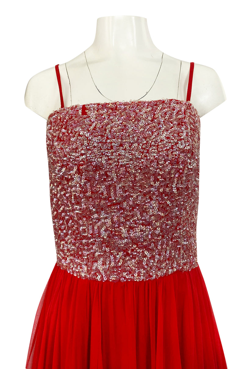 1960s Unlabeled Red Silk Chiffon & Sequin Dress w Matching Cape