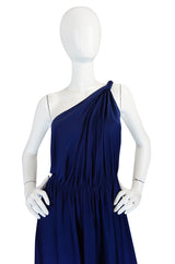 1970s Saks Youth Dimension Backless Jersey One Shoulder Blue Dress