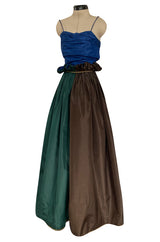Dreamy 1970s James Galanos Blue Brown & Green Silk Dress w Ruffled Waist & Metallic Gold Trim