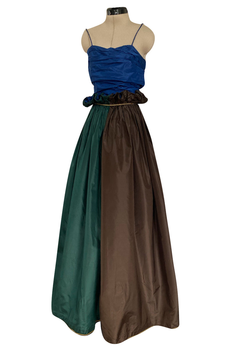 Dreamy 1970s James Galanos Blue Brown & Green Silk Dress w Ruffled Waist & Metallic Gold Trim