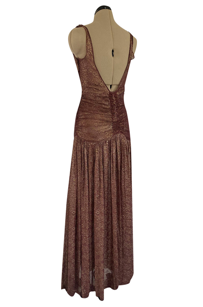 Late 1920s Unlabeled Gold Metallic Lame Thread Mixed w Deep Burgundy Silk Deep Plunge Dress