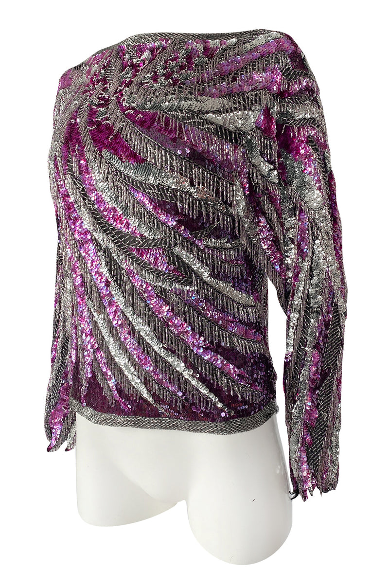1984 Halston Deep Pink & Silver Densely Sequinned & Heavily Beaded Top w Wide Neckline