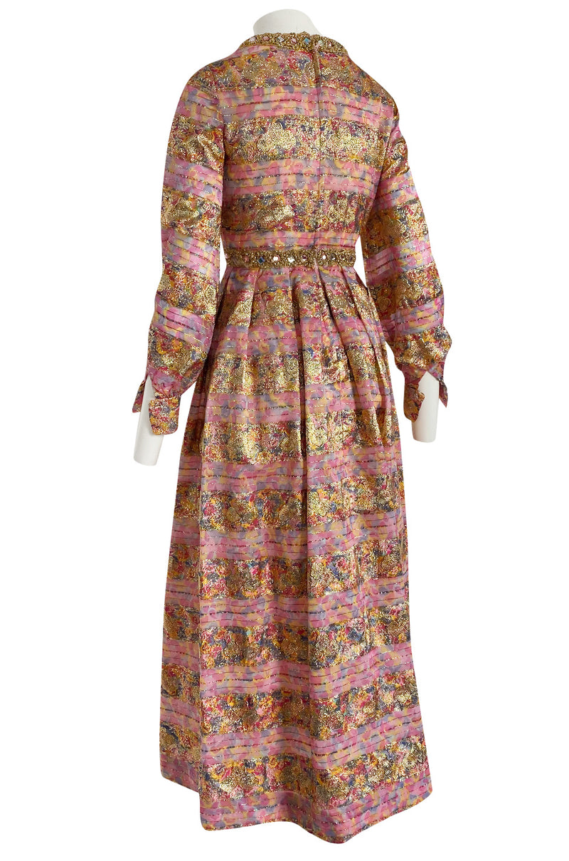 1960s Possible OLDR Metallic Pink & Gold Organza Dress w Gold Braid & Rhinestones