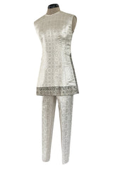 1960s Malcolm Starr Silver Silk Brocade Pant & Tunic Set w Extensive Beaded Detailing