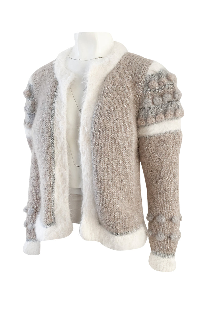 1980s Linda Rossbach Hand Made Mohair Knit Sweater w Silver Thread Detailing